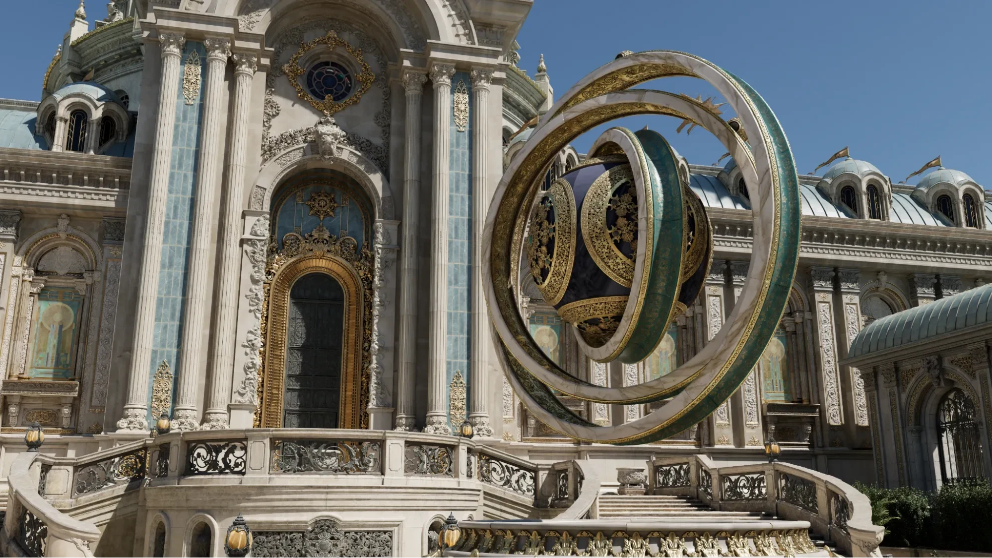 Scene from the RTXMG sample app using Zorah assets highlighting the impact of Mega Geometry
