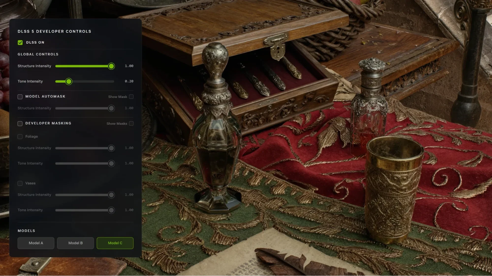 A DLSS 5 developer controls panel overlays the left side of a rendered still life featuring ornate glassware, a wooden box, and fabric. The panel shows DLSS enabled, Model C selected, global Structure