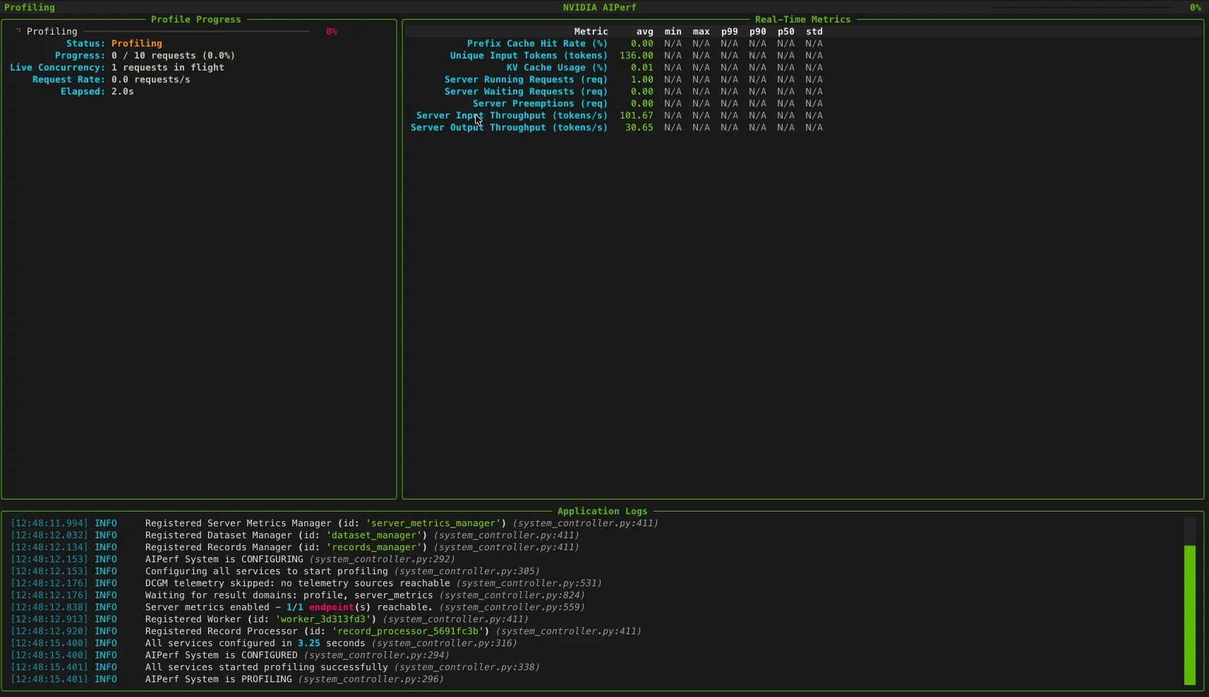 An animated capture of the AIPerf live TUI dashboard that’s displayed while running a benchmark. The dashboard is split into three panels, with the top two-thirds split between live progress on the le