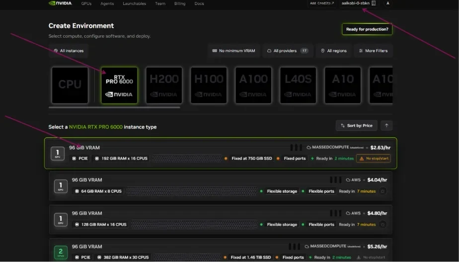 NVIDIA Brev Create Environment page with RTX PRO 6000 selected and a list of GPU instance options. Arrows highlight the GPU choice, an instance row, and the account context.