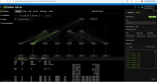 NVIDIA DSX Air interface showing a multi-tier network topology, node properties, and switch command-line output.