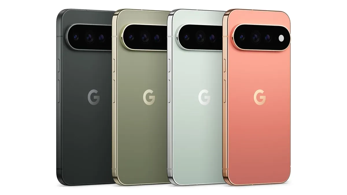 一張照片包含 Pixel 11 Pro 手機的四個顏色：曜石黑，橄欖綠，迷霧灰，砂岩粉