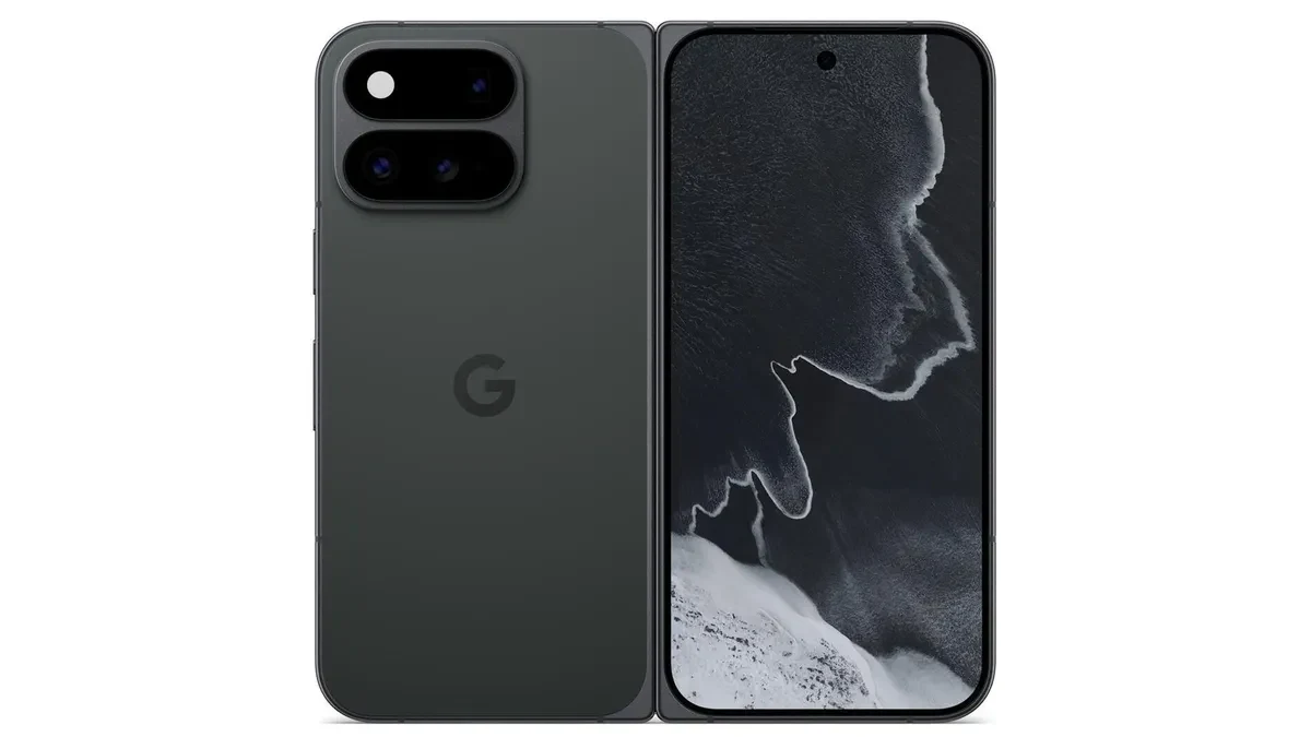 一張從背面展示 Pixel 11 Pro Fold 曜石黑外觀的圖片