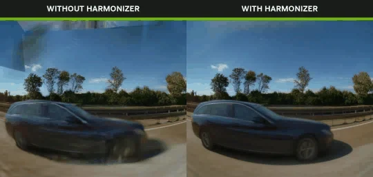 Video comparing raw NuRec output with NVIDIA Harmonizer output from the same rendered camera viewpoint. The raw view contains visible sky artifacts that are reduced in the Harmonizer output.