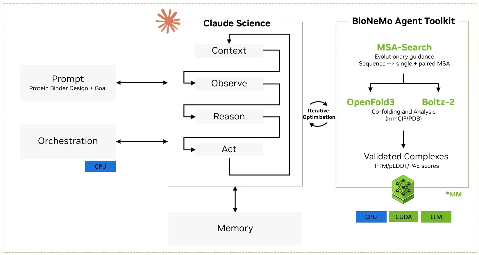 UniProt sequences pass through MSA Search to OpenFold3 and Boltz-2 for monomer and heteromer prediction. Claude Science and BioNeMo Agent Toolkit orchestrate the workflow and save the outputs.