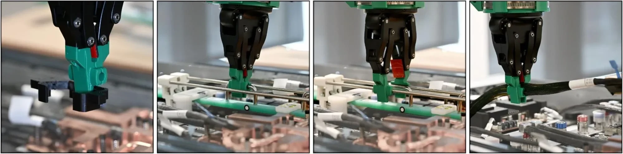 Four photographs of multi-purpose gripper fingers grasping different parts on the GB300 assembly setup, left to right: the limit fixture, the busbar handle, the release mechanism for the busbar clamp,