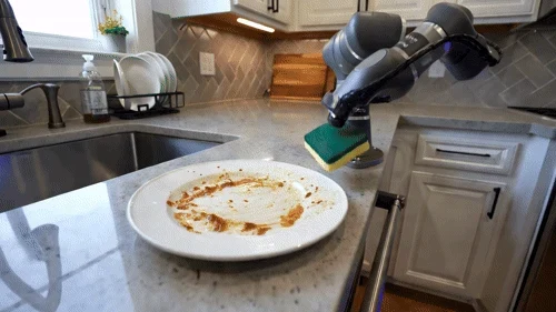 Gif showing eight-GPU Cosmos 3 video output showing a robotic arm cleaning a plate with a sponge over a 7.875-second, 189-frame clip at 1280 by 720 resolution and 24 frames per second.