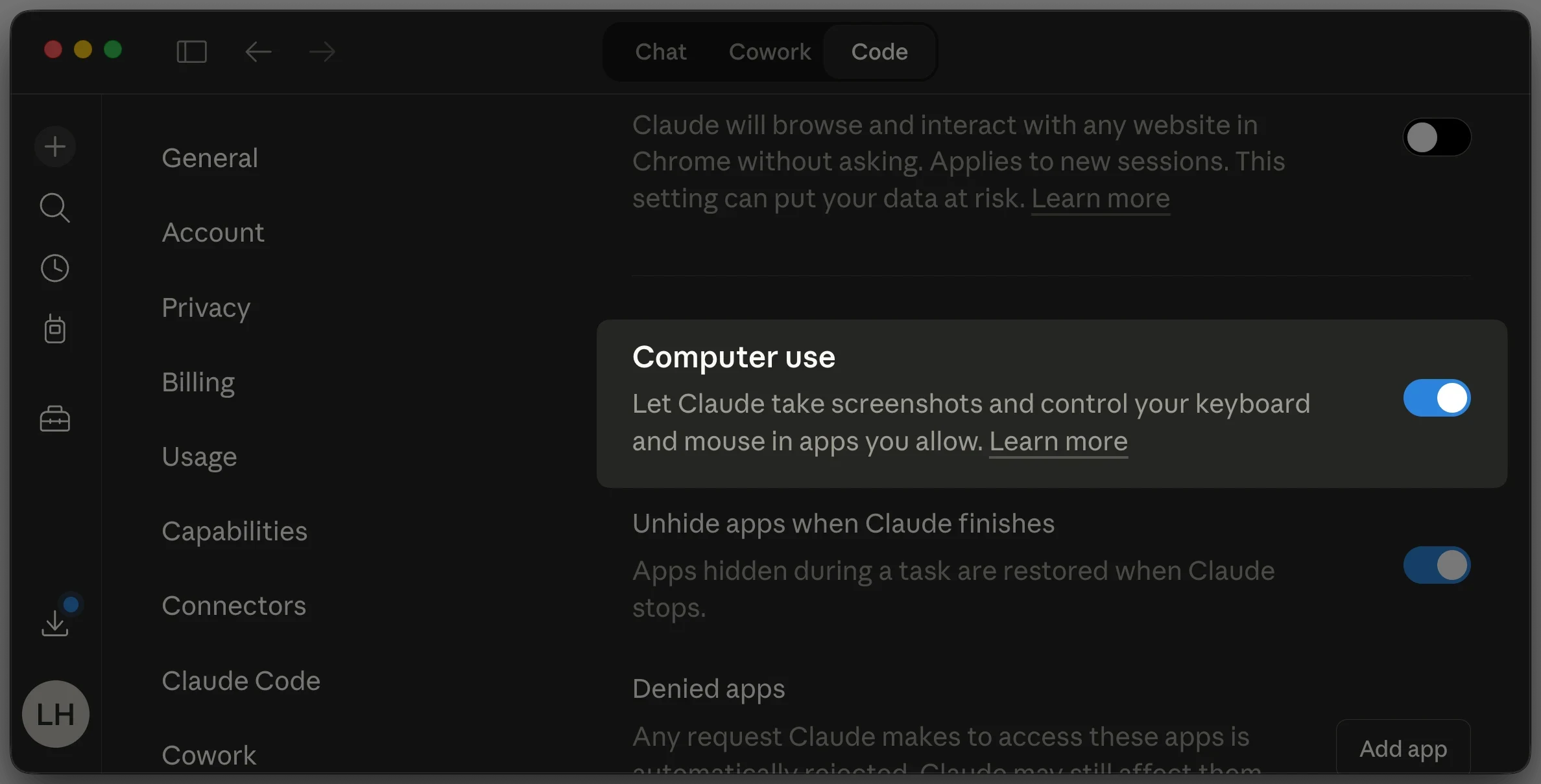 Claude Desktop 设置，计算机使用切换已启用，显示允许 Claude 在您允许的应用中截屏和控制键盘和鼠标的选项