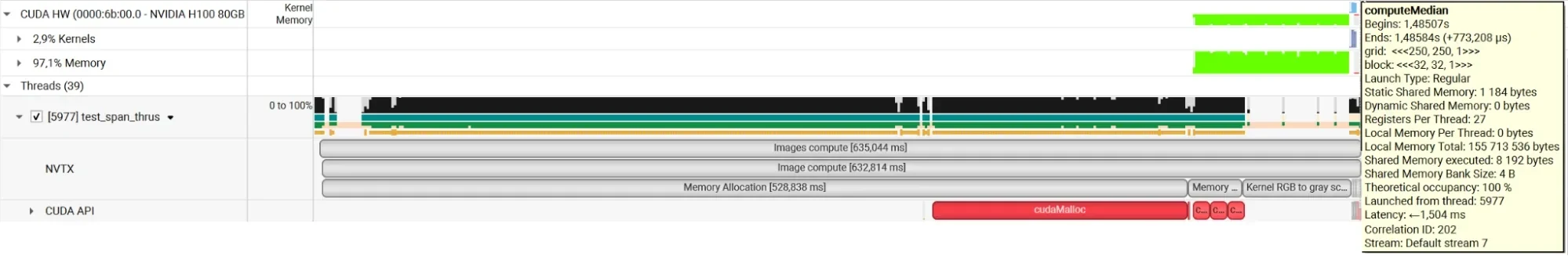 Nsight Systems timeline after the CUB optimization. GPU kernel activity is compressed into short intervals near the end of the displayed range, while the CPU and CUDA API rows contain a much wider mem