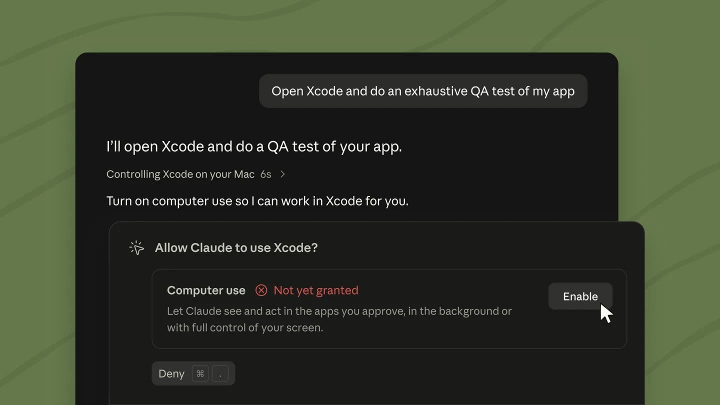 一个 Claude Code Desktop 会话，其中 Claude 请求使用 Xcode，旁边有一张计算机使用权限卡，上面写着"让 Claude 在您批准的应用中查看和操作，在后台或完全控制您的屏幕"，以及一个"启用"按钮