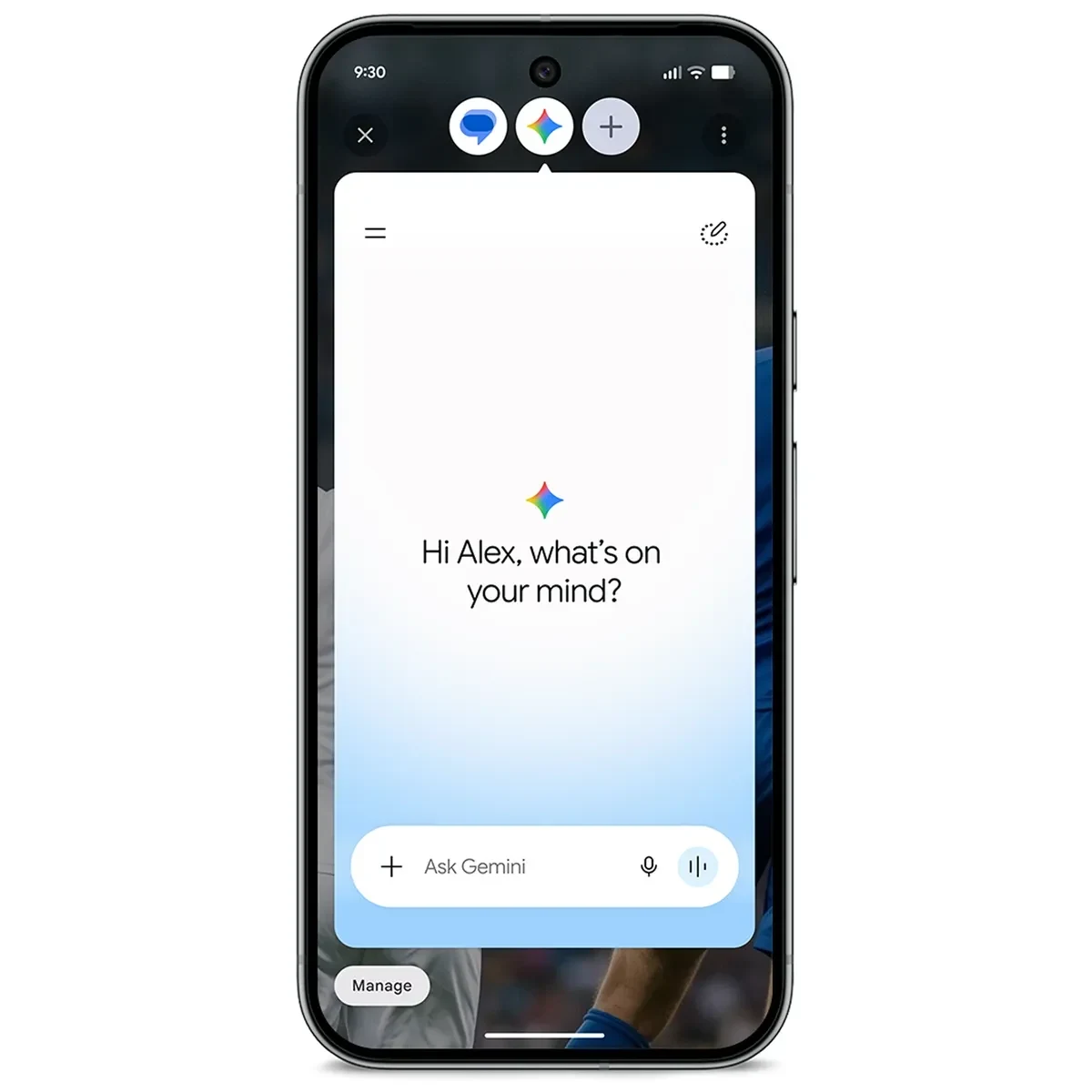 圖片顯示「泡泡」在 Gemini 和 Messages 之間切換