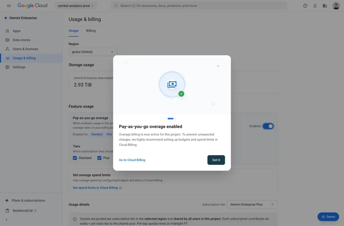 圖二：為專案啟用超額的即用即付（pay-as-you-go）計費機制。