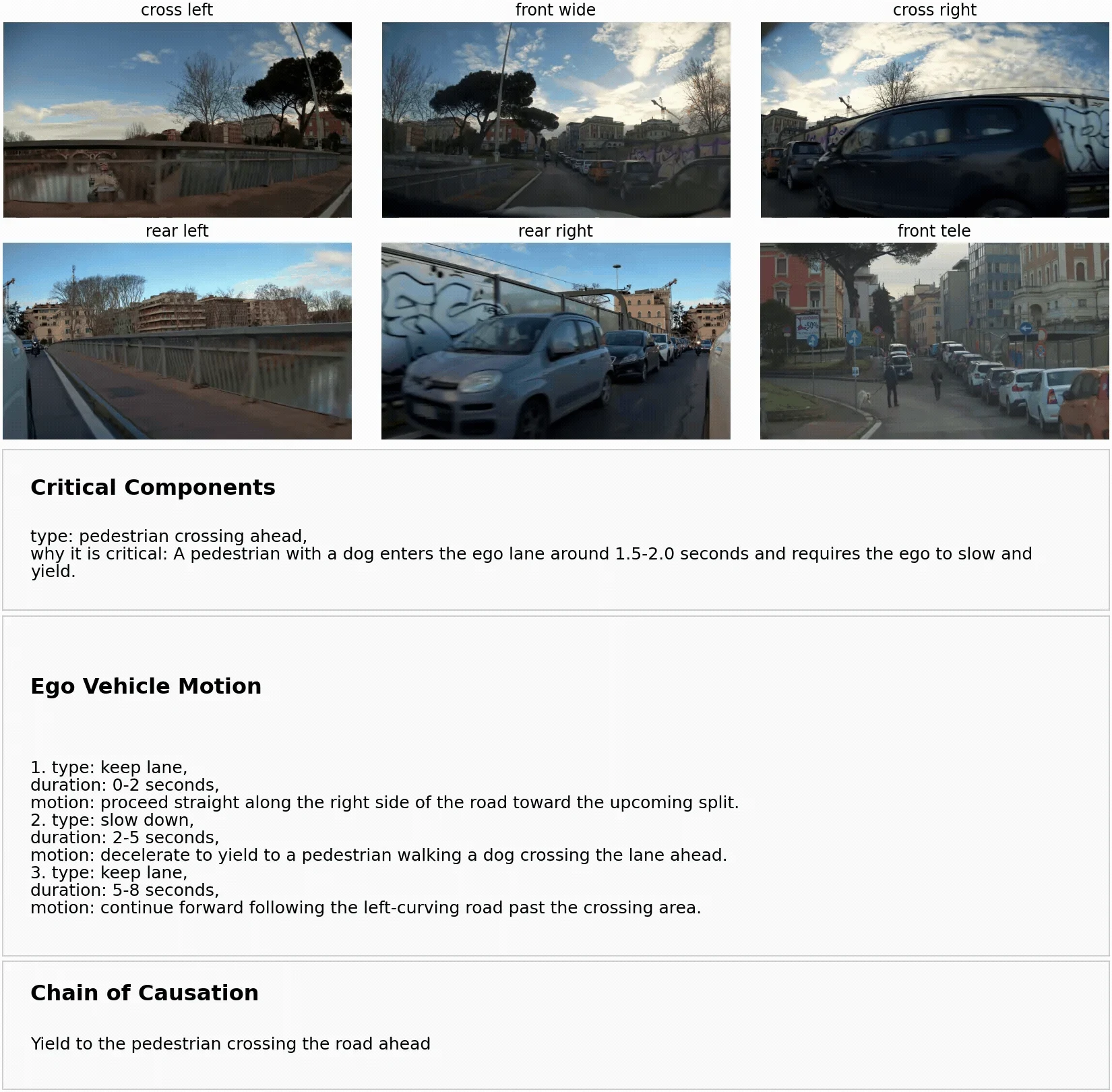 Multi-camera input video of a driving scene shown at the top, followed by a structured auto-label output including an identification of the critical scene component, a description of the ego vehicle’s