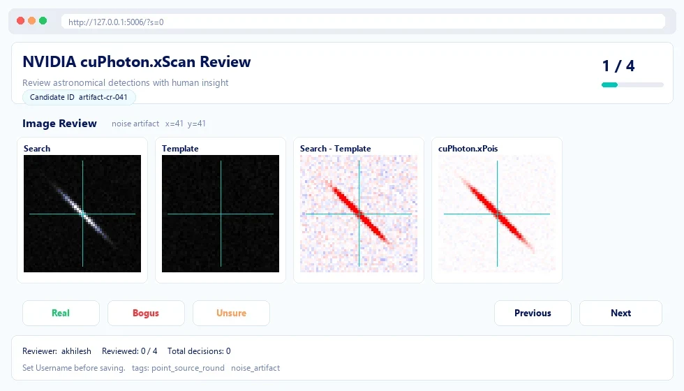 Animated NVIDIA cuPhoton xScan review interface cycling through four candidates. Four panels display the search exposure, template, raw difference, and xPois result with crosshairs. Real, Bogus, and U