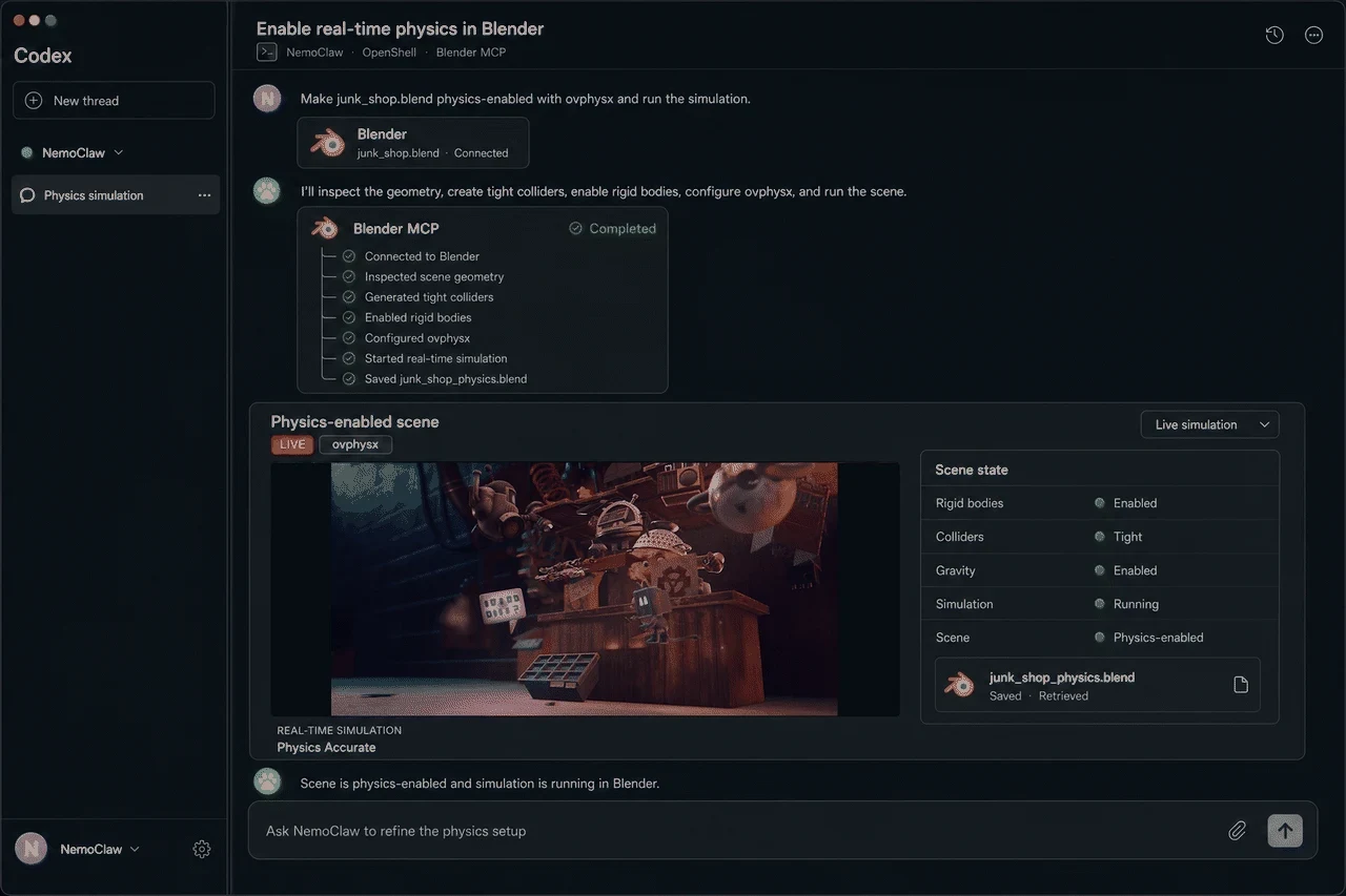 Gif of the Codex interface showing NemoClaw completing an "Enable real-time physics in Blender" task through Blender MCP. The completed step list includes: connected to Blender, inspected scene geomet