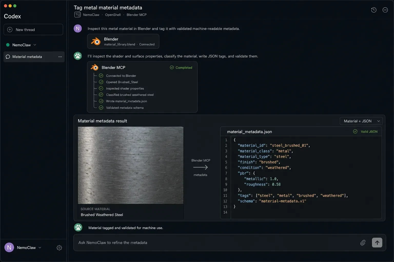 Screenshot of the Codex interface showing NemoClaw completing a "Tag metal material metadata" task through Blender MCP. The completed step list includes: connected to Blender, opened Brushed_Steel, in