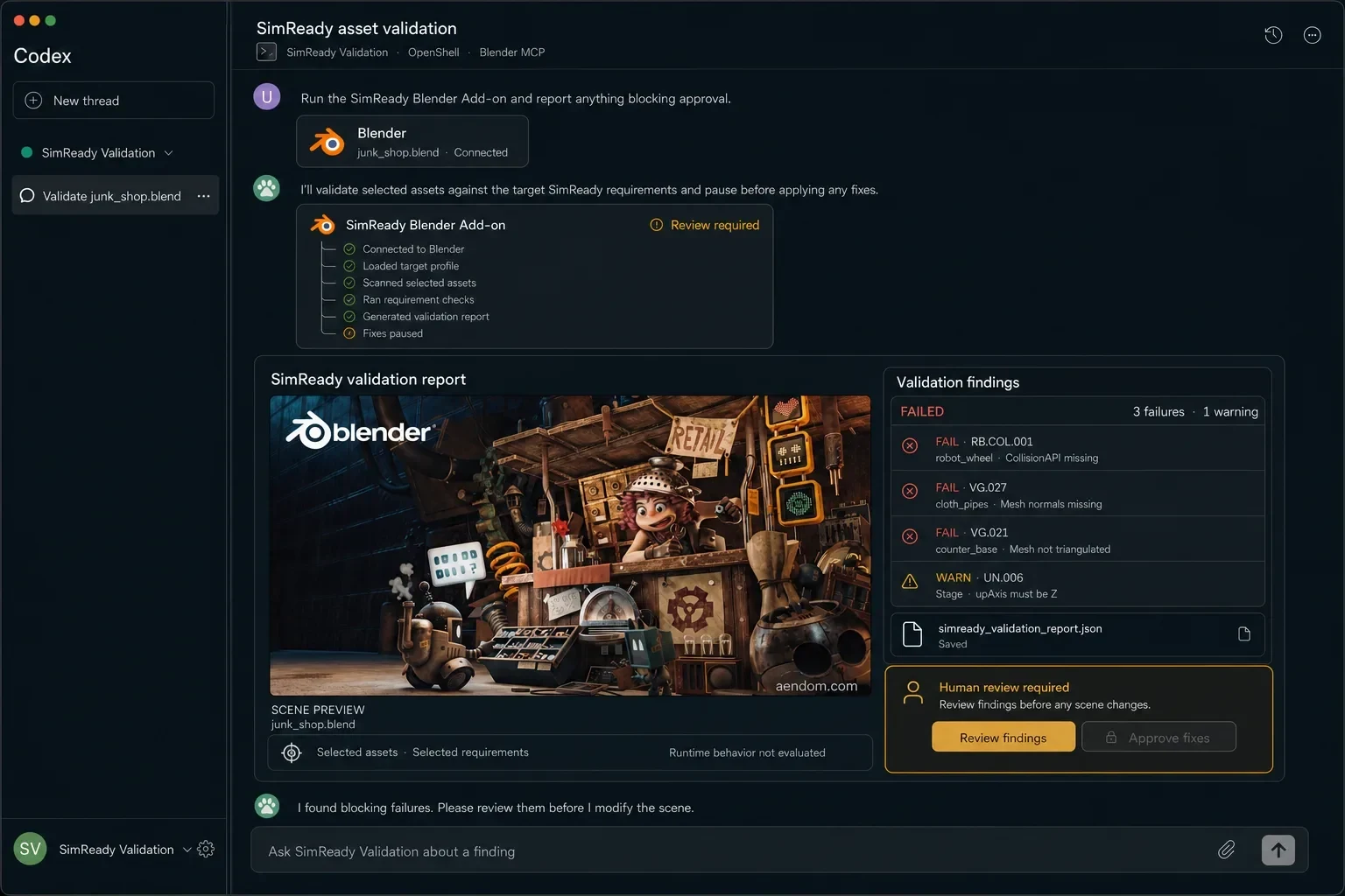 Screenshot of the Codex interface showing SimReady Validation completing a "SimReady asset validation" task through Blender MCP. The SimReady Blender Add-on panel shows a "Review required" status afte