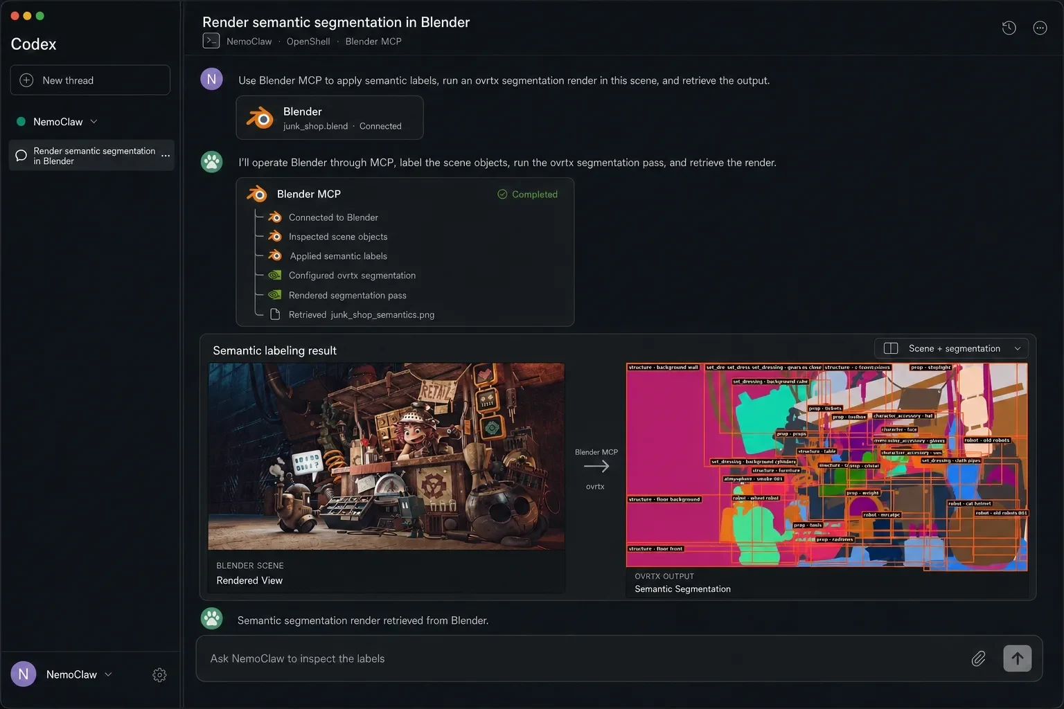 Screenshot of the Codex interface showing NemoClaw completing a "Render semantic segmentation in Blender" task through Blender MCP. The completed step list includes: connected to Blender, inspected sc