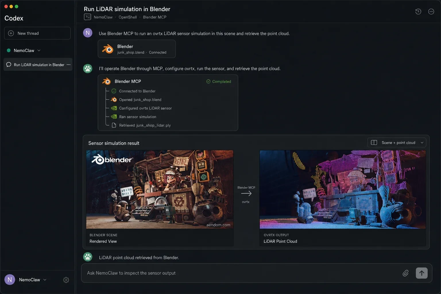 Screenshot of the Codex interface showing NemoClaw completing a "Run lidar simulation in Blender" task through Blender MCP. The completed step list includes: connected to Blender, opened junk_shop.ble