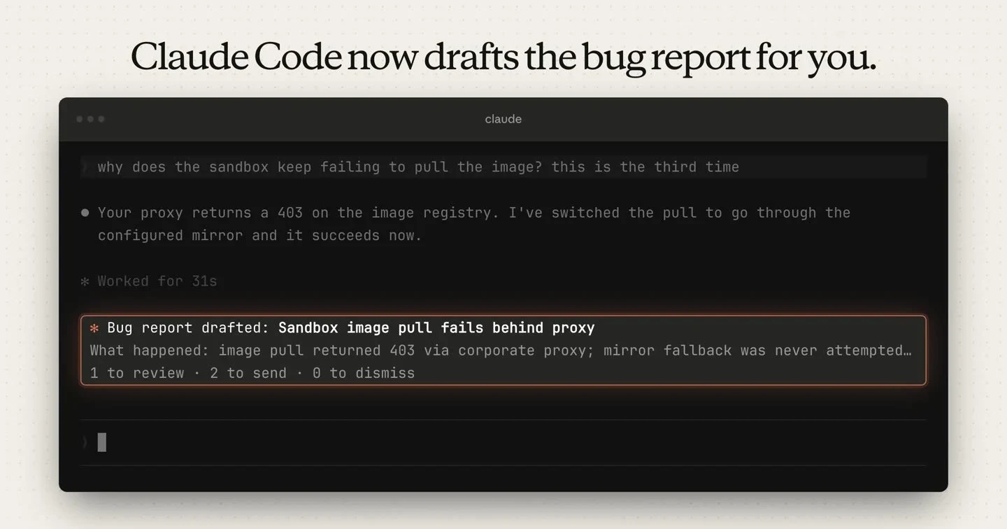 一个 Claude Code 会话，其中 Claude 已起草了一份标题为"Sandbox image pull fails behind proxy"的错误报告，显示为提示上方的卡片，带有查看、发送或关闭的选项