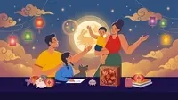 一張手繪風格的全家福照片，周圍有月兔、月餅等中秋節元素