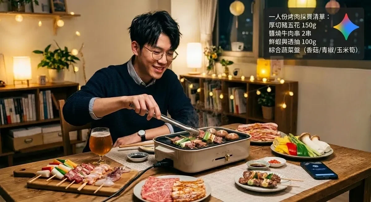 一名帶眼鏡的台灣男生在家運用 Gemini 規劃一人使用電烤盤烤肉