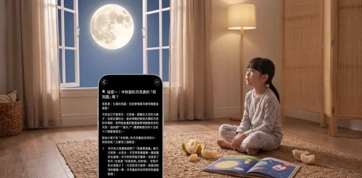 一位小妹妹坐在地毯上，窗外有一輪又亮又亮的明月；畫面左下角有一支 Pixel 手機，解釋關於月亮的科學冷知識