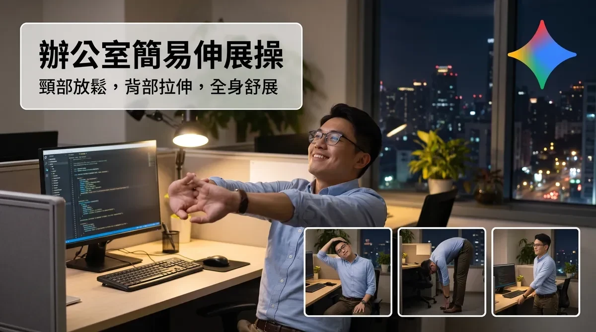 畫面中一名男生正在辦公室做簡易的伸展操